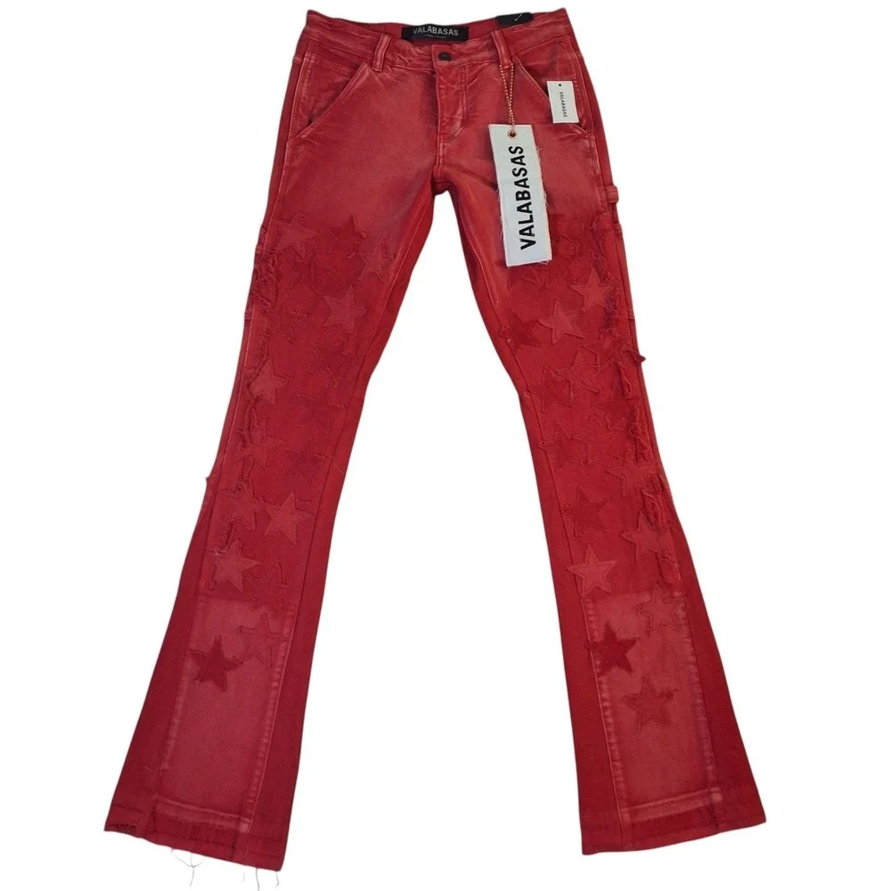 Valabasas V-Star Red Wash Distressed Star Patchwork Flare Jeans Mens 29 NEW